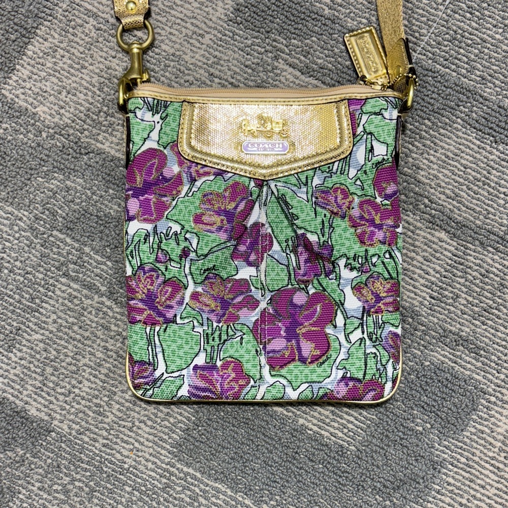 Coach Crossbody Bag with Purple and Gold Floral Design